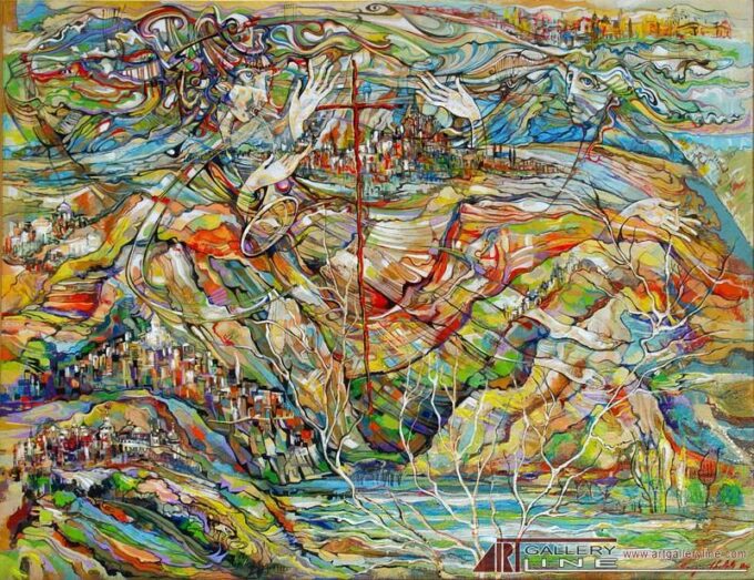 Lake Tabatskuri | Sergo Tbileli| Exhibited at Art Gallery Line | Created in early 2000’s| Available for Sale | Acrylic on Canvas, Mix medium | Art Gallery Line