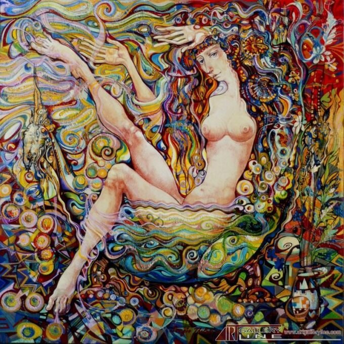 in the bath | Sergo Tbileli| Exhibited at Art Gallery Line | Created in early 2000’s| Available for Sale | Acrylic on Canvas, Mix medium | Art Gallery Line