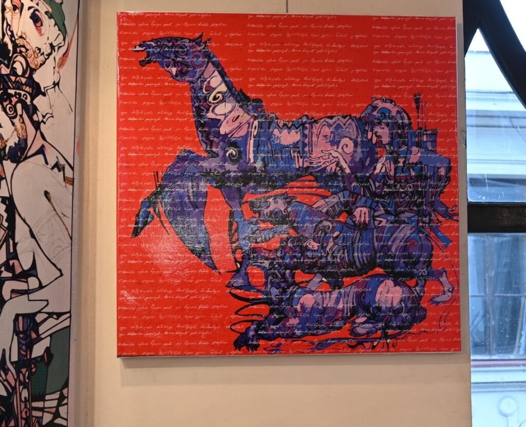Sergo Tbileli's Exhibition "Anabechdi" 4 Sergo Tbileli | Anabechdi | Limited Silk Printing Series | Inspired by Grand Georgian Poem Knight in the Panthers Skin | Exhibited at Art Gallery Line | Created in 2021 | Available for Sale | Acryl on Canvas, Mix medium | Art Gallery Line | Tbilis, Georgia & New York |