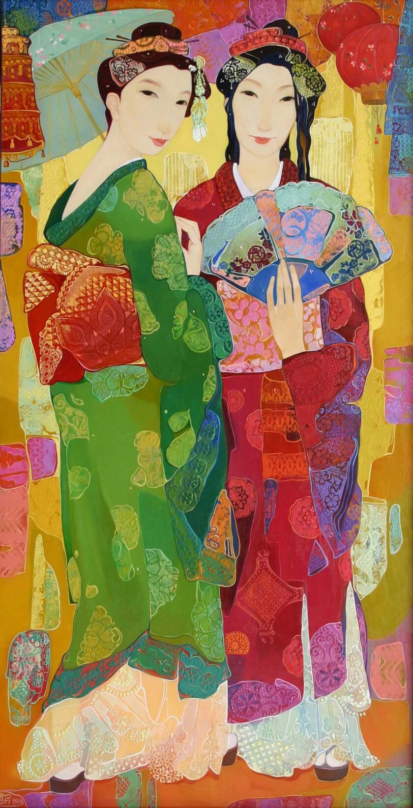 Maia Ramishvili | Two Geishas | Exhibited at Art Gallery Line | Created in early 2000’s| Available for Sale | Oil on Canvas, Mix medium | Art Gallery Line