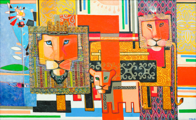 Painting Familiy of Lion by Mamuka Mikeladze at The Library of Congress Rooted in Culture Size 160X260 cm Medium Oil on Canvas Art Gallery Line Contemporary Georgian Art without frames Art Gallery Line